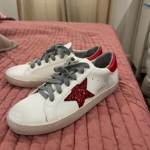 Golden Goose White Sneakers with Glitter Red Star